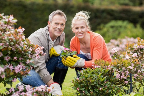 Professional team clearing garden debris